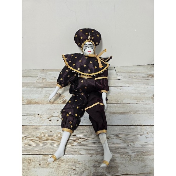 Unique Vintage Other - 12.5" Brown Gold Jester Porcelain Figurine Gray Eye‎ Mask Painted